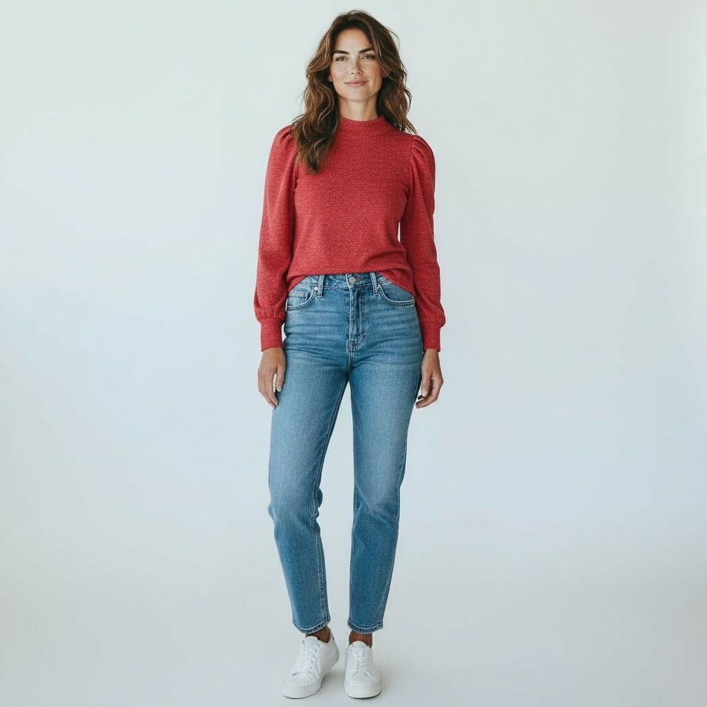 Red Zenana Textured Long Sleeve Top, Medium
